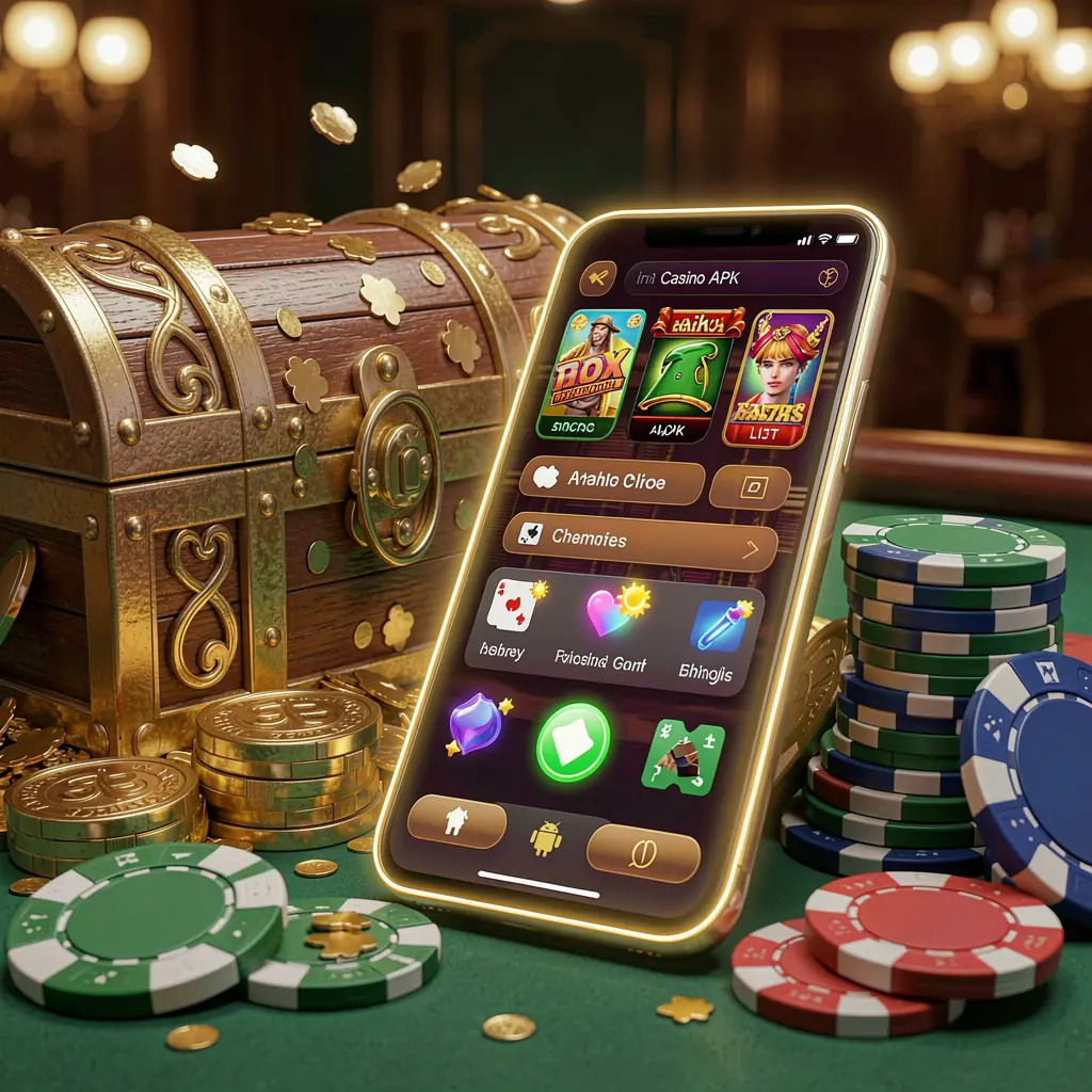 Glowing smartphone displaying BJ77A Casino APK app with Android-style layout, surrounded by treasure chest, chips, and coins in a luxury 3D render Glowing smartphone displaying BJ77A Casino APK app with Android-style layout, surrounded by treasure chest, chips, and coins in a luxury 3D render