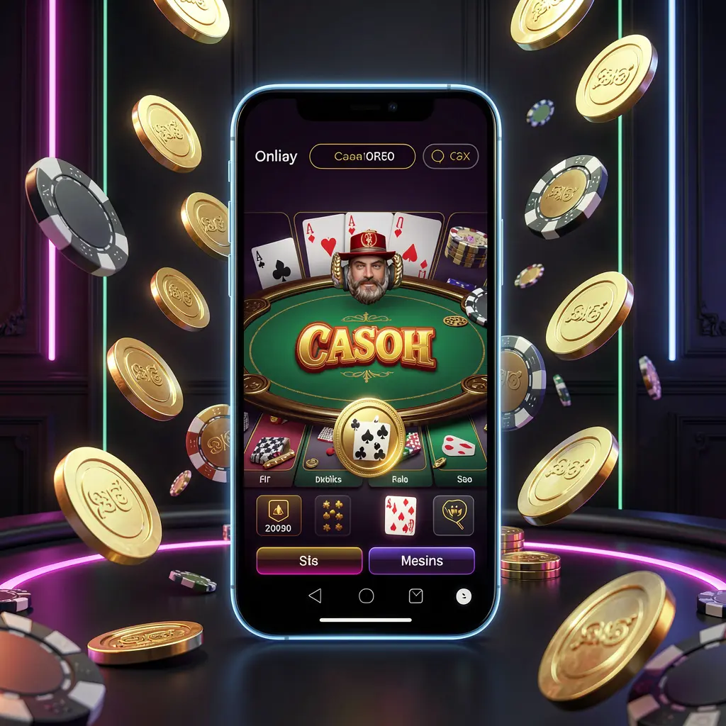 BJ77A online casino mobile app hero banner featuring a modern smartphone with glowing casino interface, golden coins and poker chips flying around against a dark luxury background with neon accents BJ77A online casino mobile app hero banner featuring a modern smartphone with glowing casino interface, golden coins and poker chips flying around against a dark luxury background with neon accents