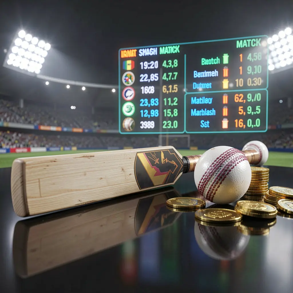 BJ77A premium sports betting image featuring a cricket bat on a glossy dark surface with a cricket ball, golden coins, glowing match statistics, and stadium lights in a realistic 3D render