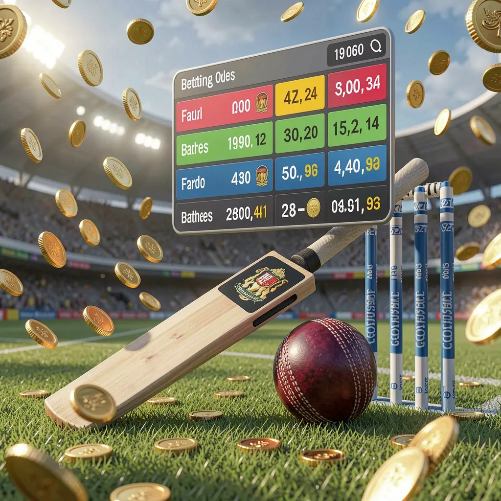 Realistic 3D illustration of a sports betting page by BJ77A featuring a cricket bat, cricket ball, and wickets on stadium grass with floating betting odds interface and golden coins flying