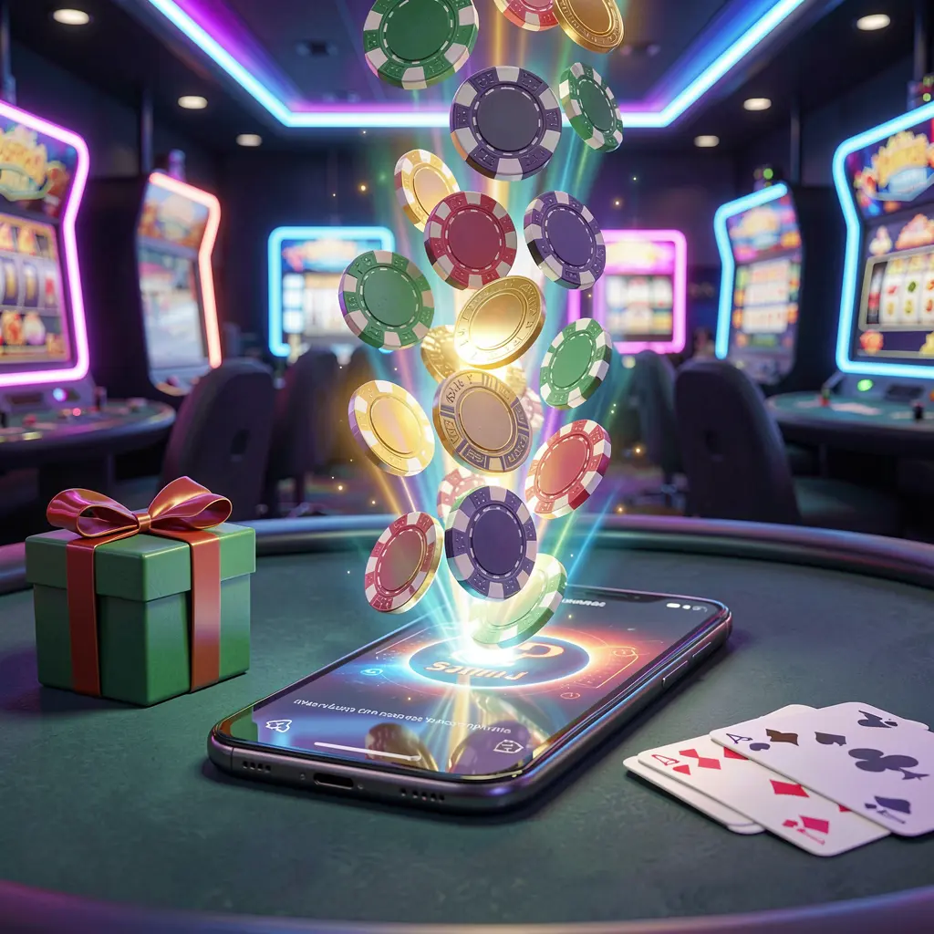 BJ77A mobile casino bonus scene with a modern smartphone displaying glowing casino chips and coins coming out of the screen, surrounded by a gift box and playing cards in a bright neon casino atmosphere BJ77A mobile casino bonus scene with a modern smartphone displaying glowing casino chips and coins coming out of the screen, surrounded by a gift box and playing cards in a bright neon casino atmosphere