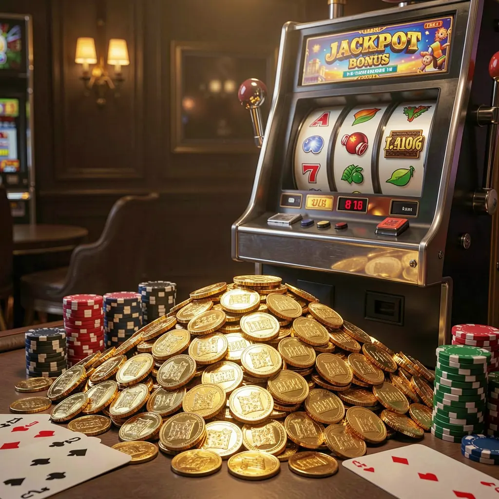 BJ77A jackpot bonus scene featuring a huge pile of golden coins, a slot machine in the background, poker chips, and playing cards under cinematic luxury lighting BJ77A jackpot bonus scene featuring a huge pile of golden coins, a slot machine in the background, poker chips, and playing cards under cinematic luxury lighting