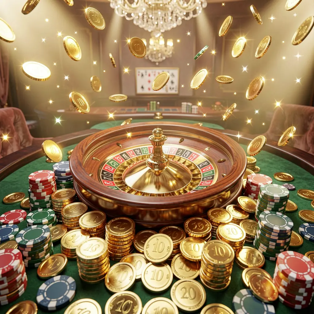 BJ77A casino jackpot scene featuring golden coins, poker chips, and a roulette wheel illuminated by bright glowing lights in a luxury celebration atmosphere