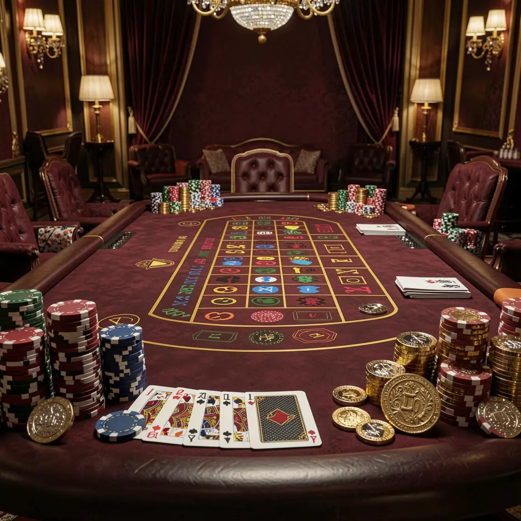 BJ77A luxury casino atmosphere featuring a blackjack table with poker cards, stacks of chips, and sparkling coins against a dark red and gold background in a cinematic realistic render