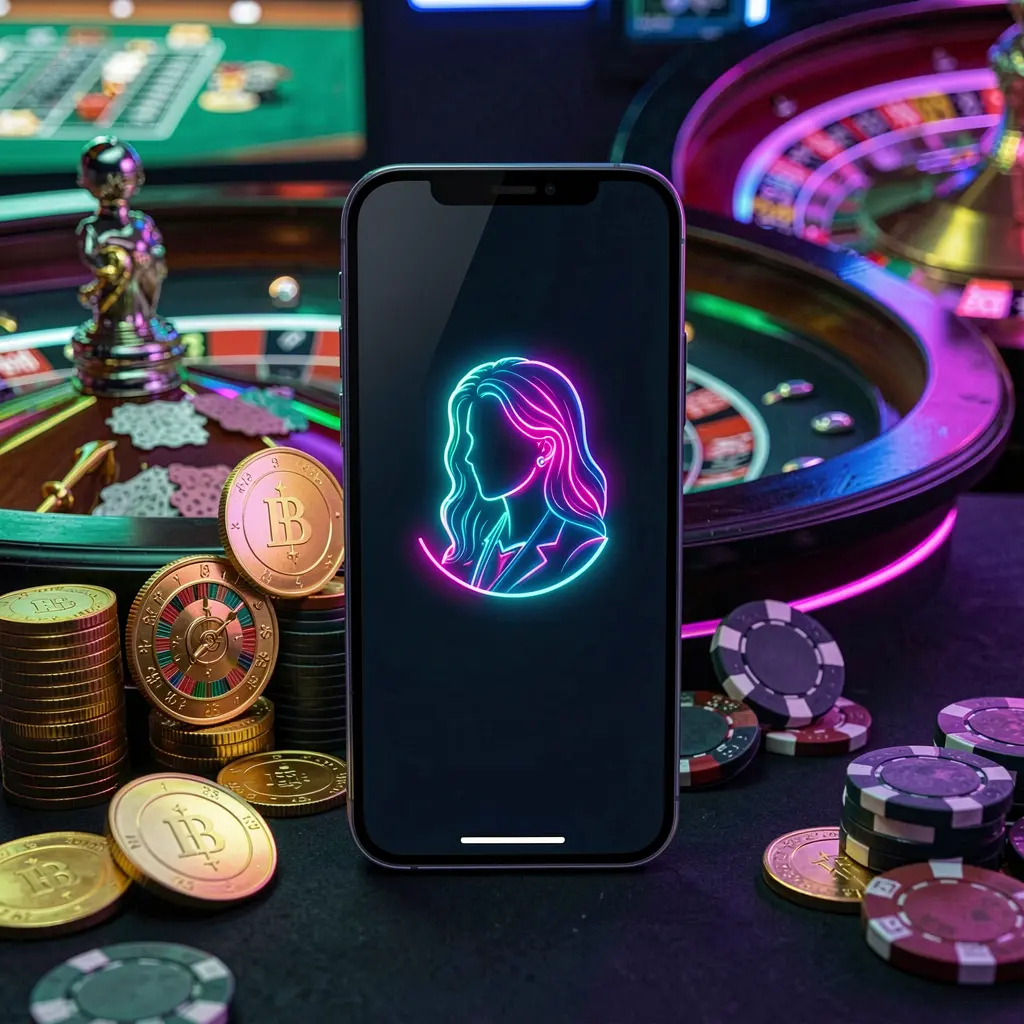 BJ77A online casino login screen featuring a modern phone with a glowing profile icon, roulette lights in the background, and golden coins and poker chips in a premium dark neon atmosphere BJ77A online casino login screen featuring a modern phone with a glowing profile icon, roulette lights in the background, and golden coins and poker chips in a premium dark neon atmosphere