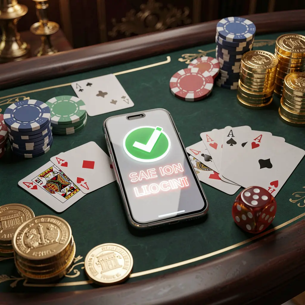 BJ77A safe casino login concept showing a smartphone with a verification checkmark icon surrounded by chips, cards, dice, and golden coins on an elegant luxury casino table in a 3D realistic render BJ77A safe casino login concept showing a smartphone with a verification checkmark icon surrounded by chips, cards, dice, and golden coins on an elegant luxury casino table in a 3D realistic render