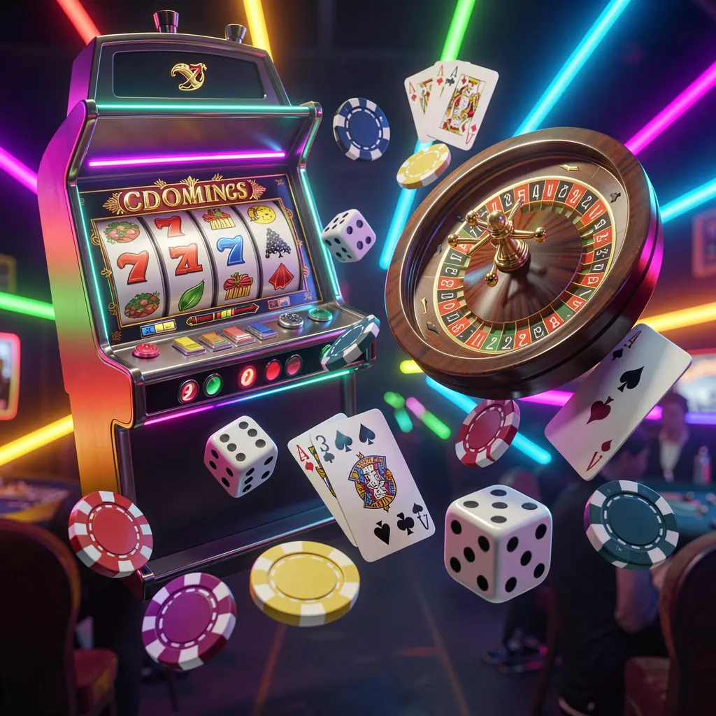BJ77A casino games collection homepage visual featuring a slot machine, roulette wheel, dice, playing cards, and poker chips floating together with colorful neon lights in a premium 3D render