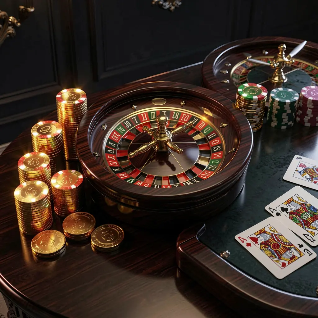 High detail realistic 3D render of a premium online casino scene featuring golden coins, glowing chips, a roulette wheel, and cards on a glossy table with an elegant dark background, showcasing BJ77A brand